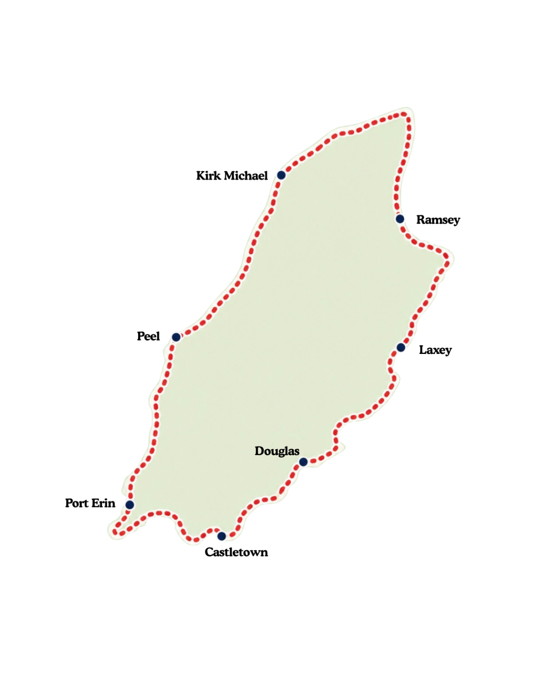 Hand-drawn map of the Isle of Man with the main towns marked